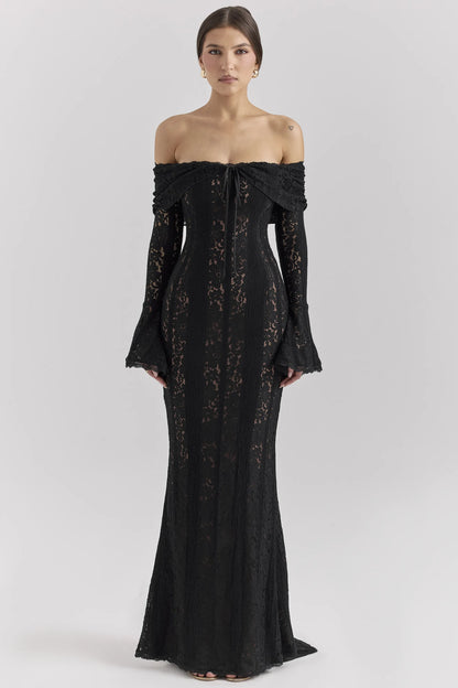 Belle Black Off Shoulder Floral Lace Maxi Dress