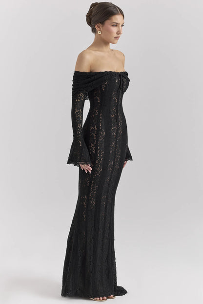 Belle Black Off Shoulder Floral Lace Maxi Dress