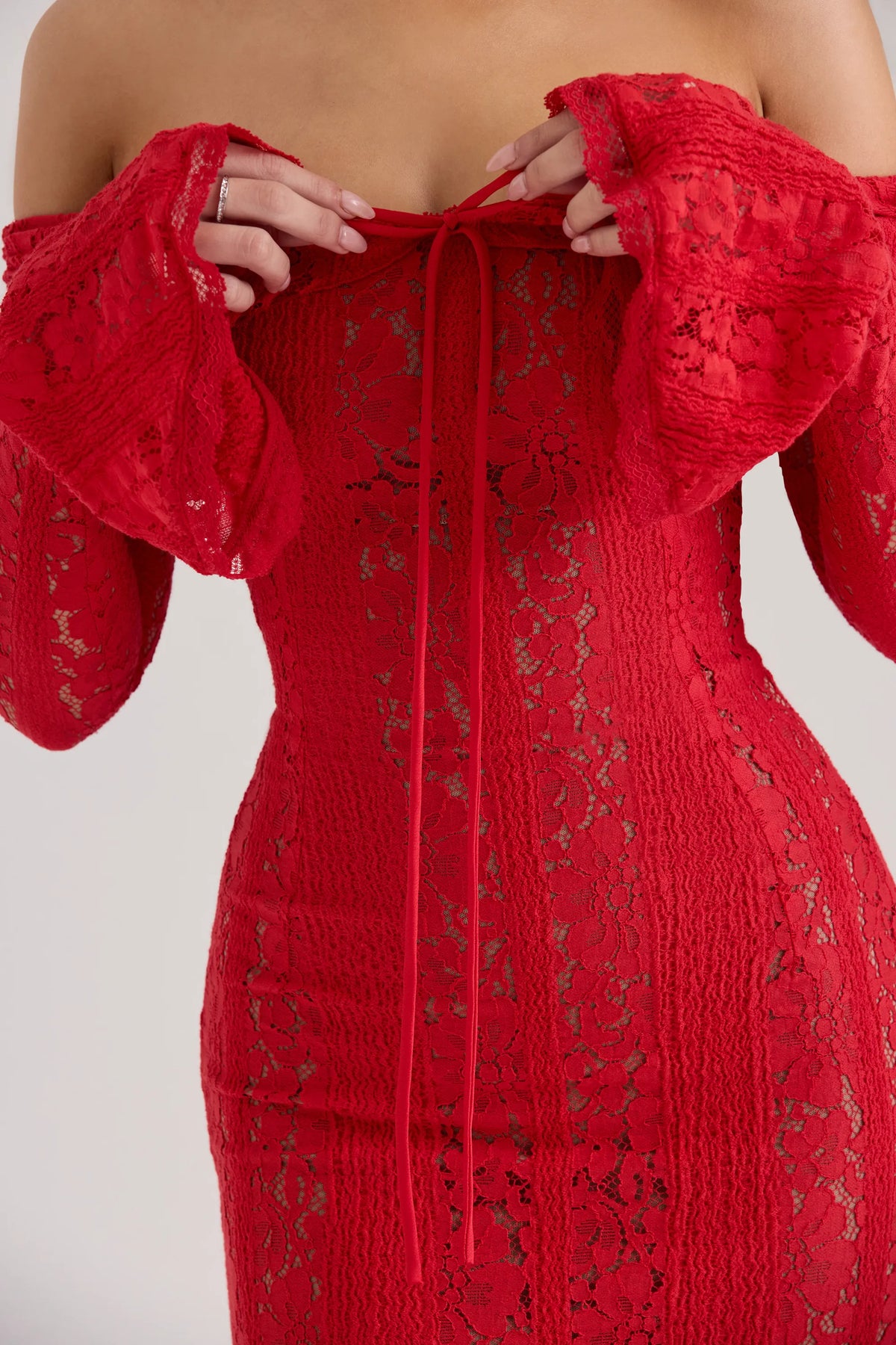 Belle Red Off Shoulder Floral Lace Maxi Dress