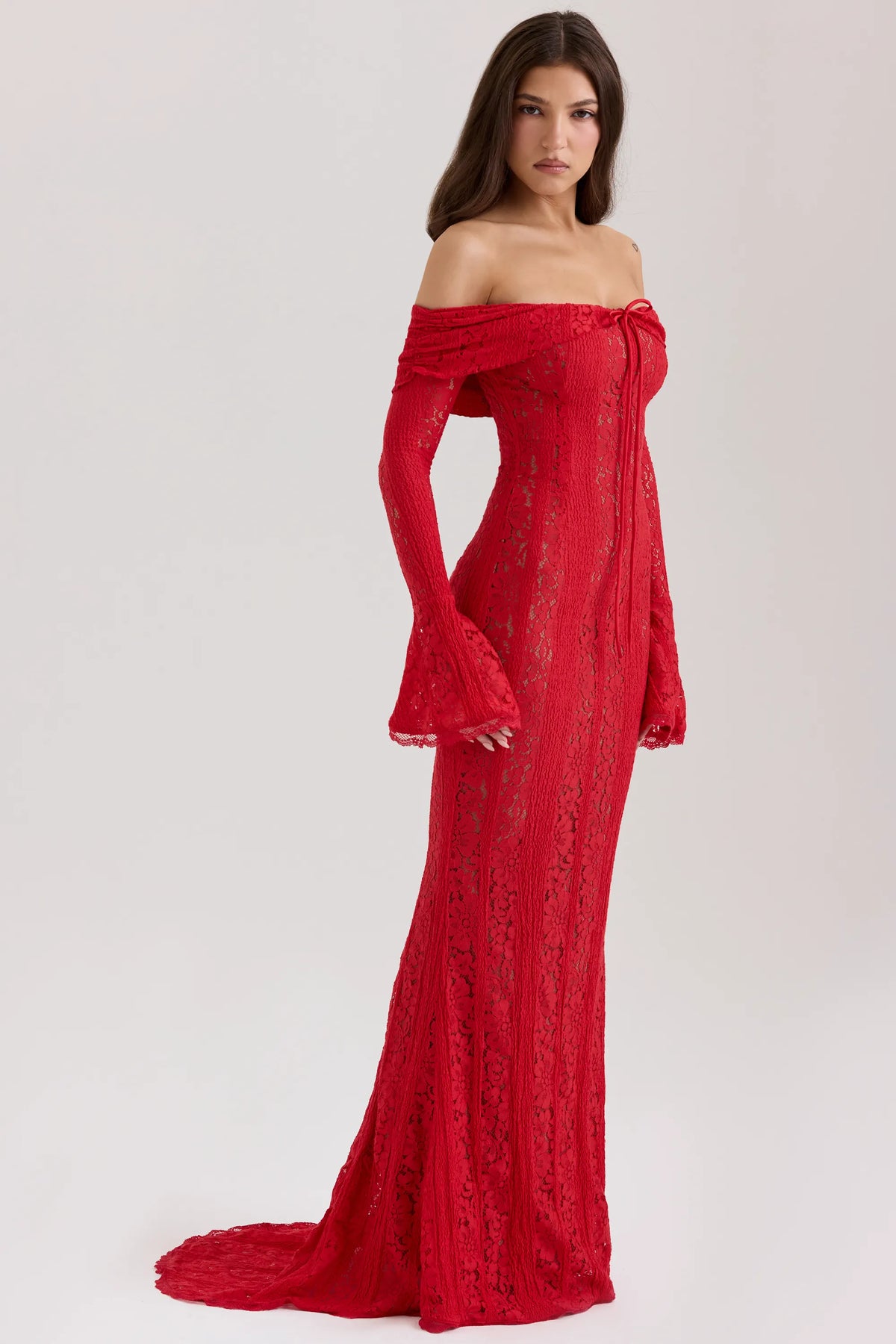 Belle Red Off Shoulder Floral Lace Maxi Dress
