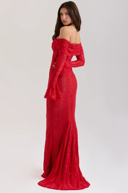 Belle Red Off Shoulder Floral Lace Maxi Dress