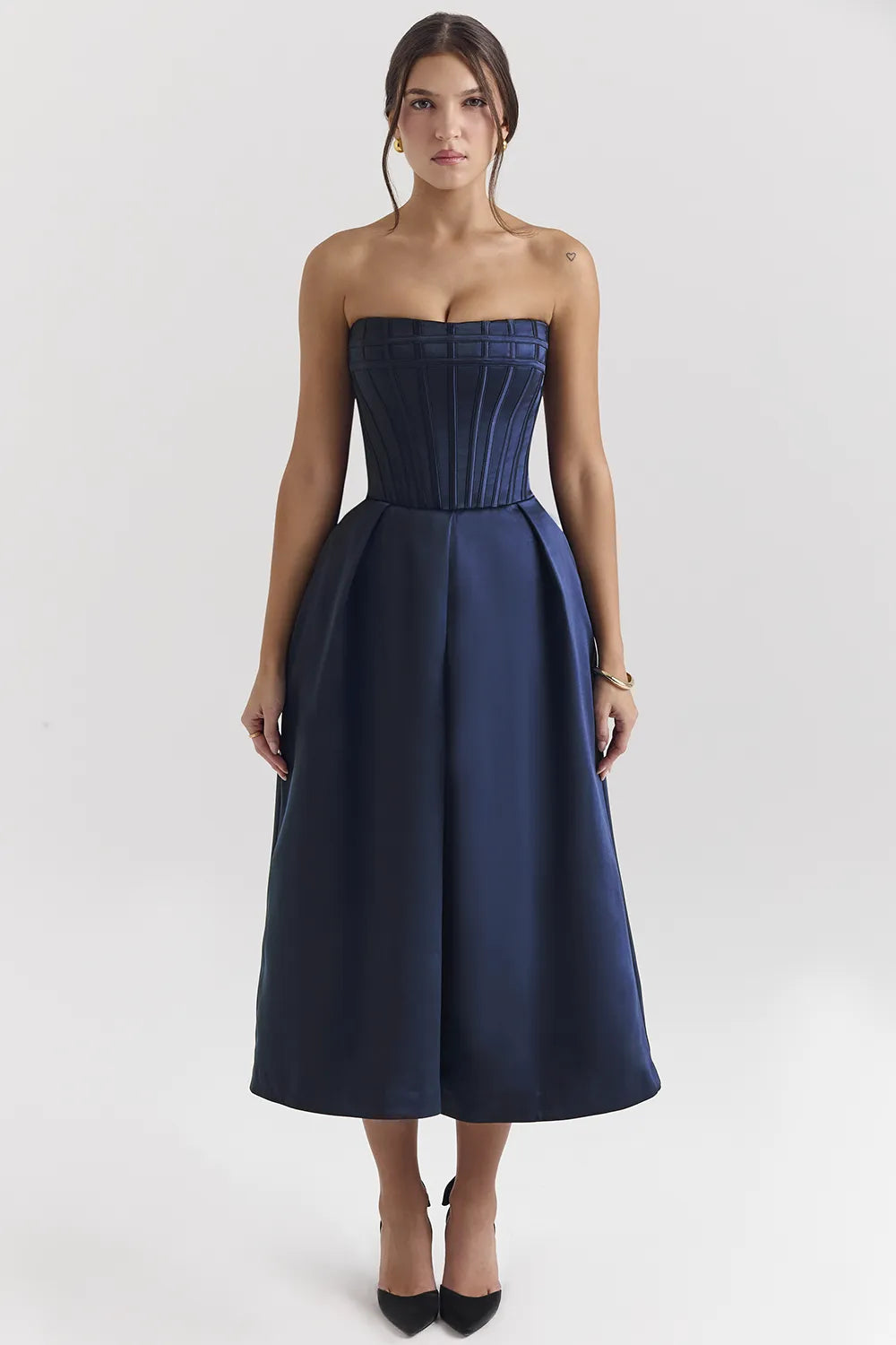 Bellina Midnight Blue Strapless Detachable Bow Midi Dress