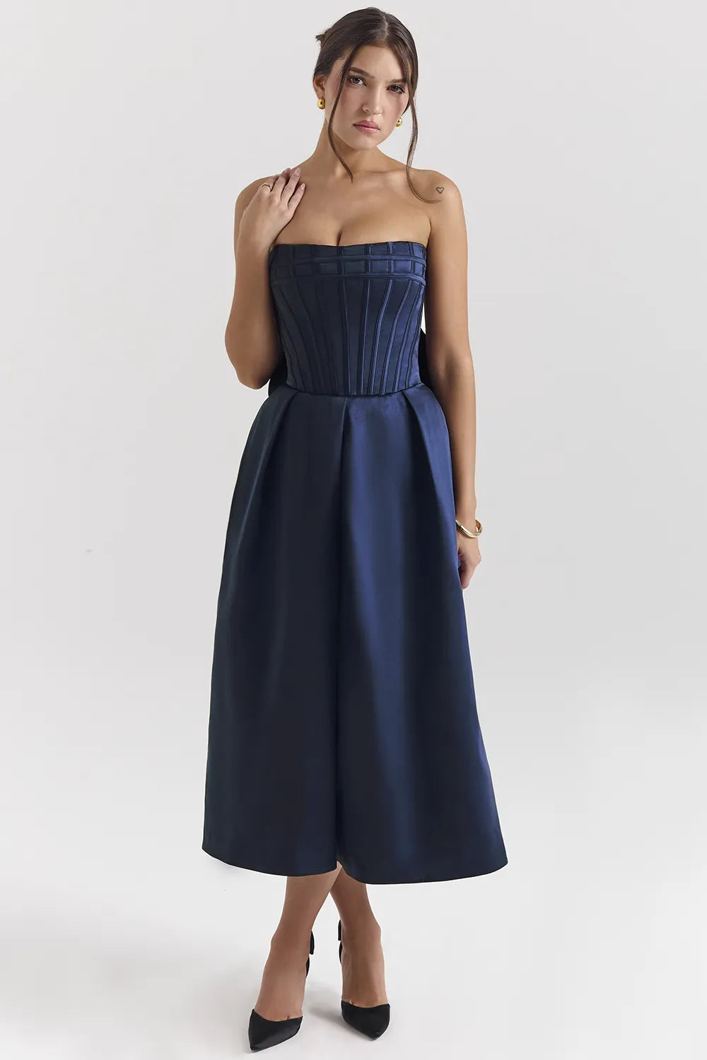 Bellina Midnight Blue Strapless Detachable Bow Midi Dress