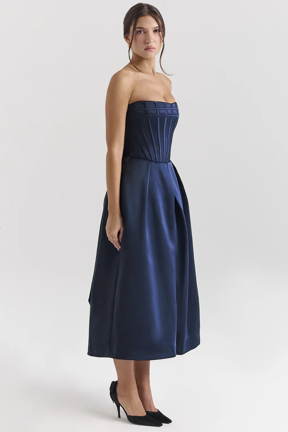 Bellina Midnight Blue Strapless Detachable Bow Midi Dress