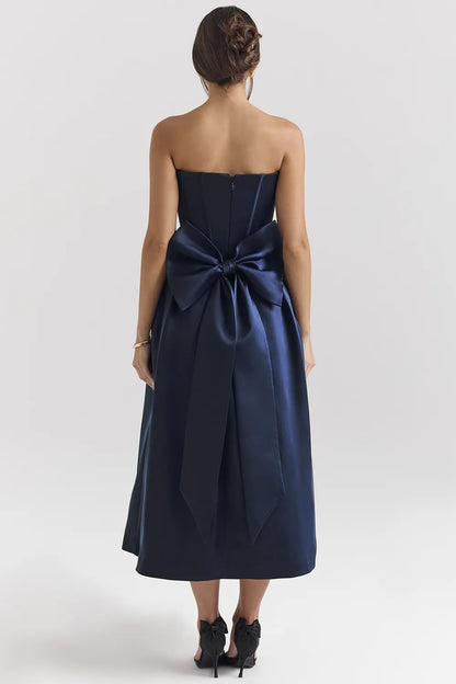 Bellina Midnight Blue Strapless Detachable Bow Midi Dress