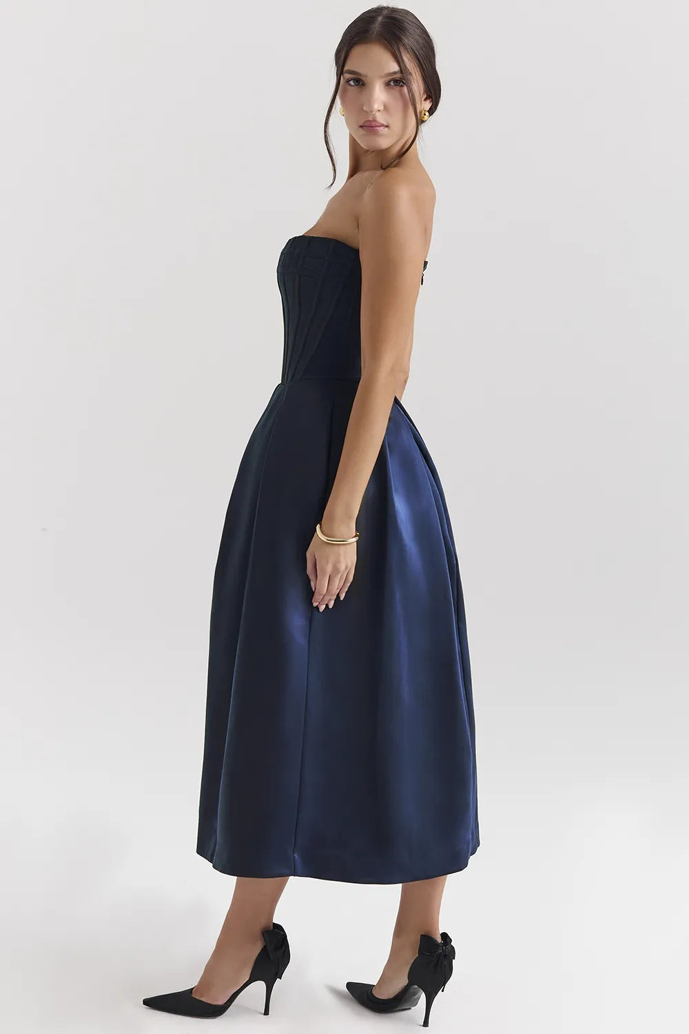 Bellina Midnight Blue Strapless Detachable Bow Midi Dress