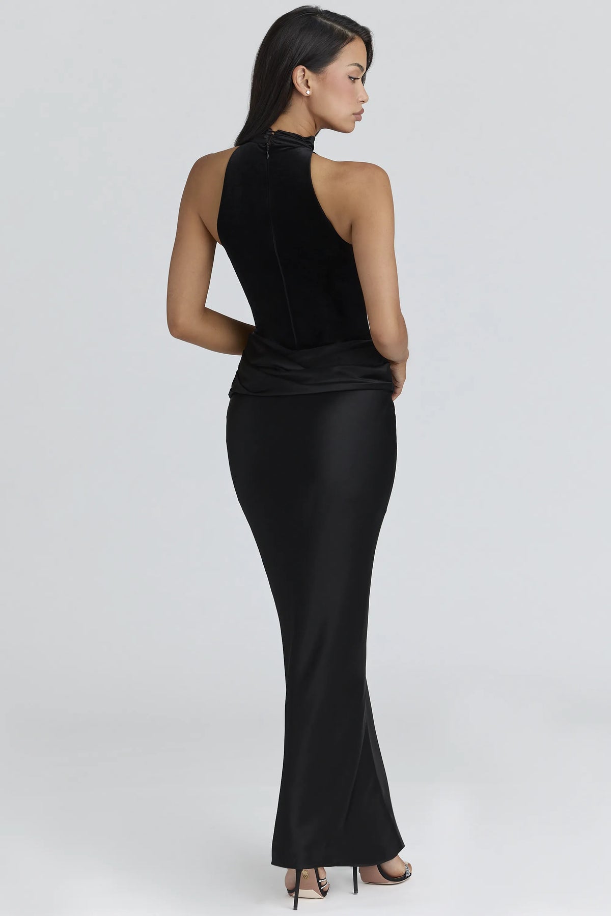 Beau Black Satin Draped Maxi Skirt