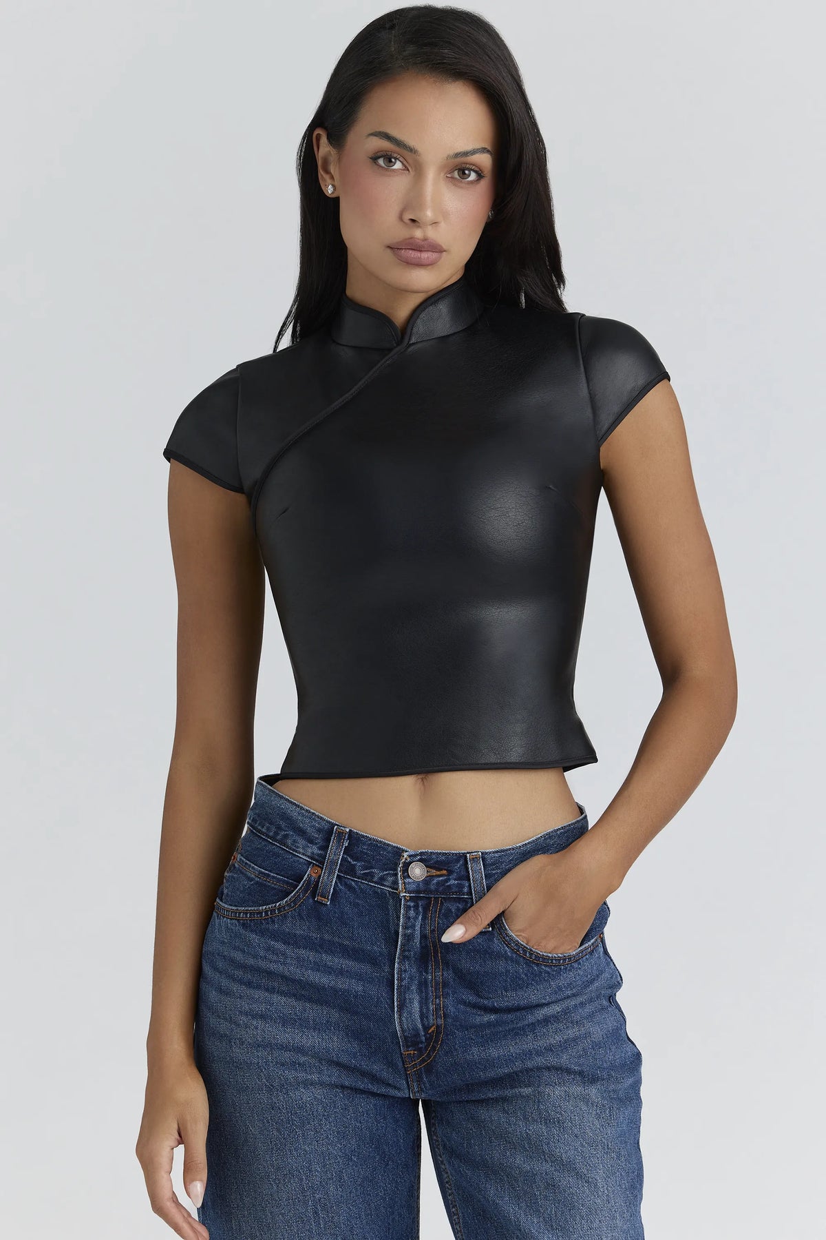 Bobbi Black Vegan Leather Mandarin Collar Top