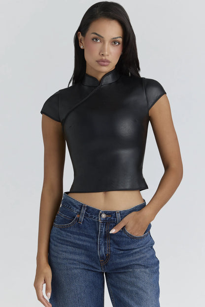 Bobbi Black Vegan Leather Mandarin Collar Top