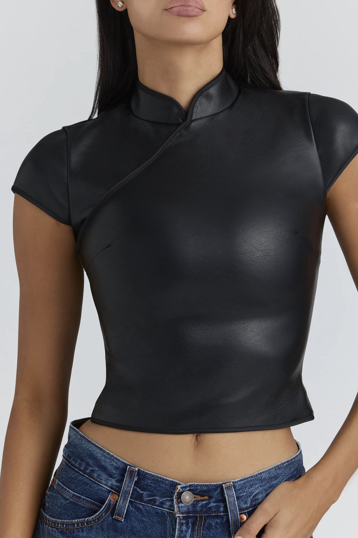 Bobbi Black Vegan Leather Mandarin Collar Top