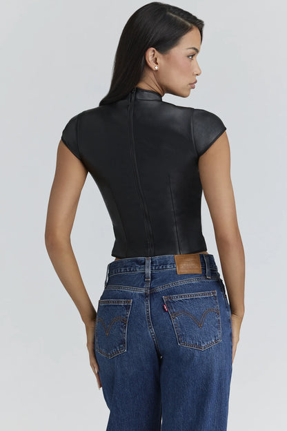 Bobbi Black Vegan Leather Mandarin Collar Top