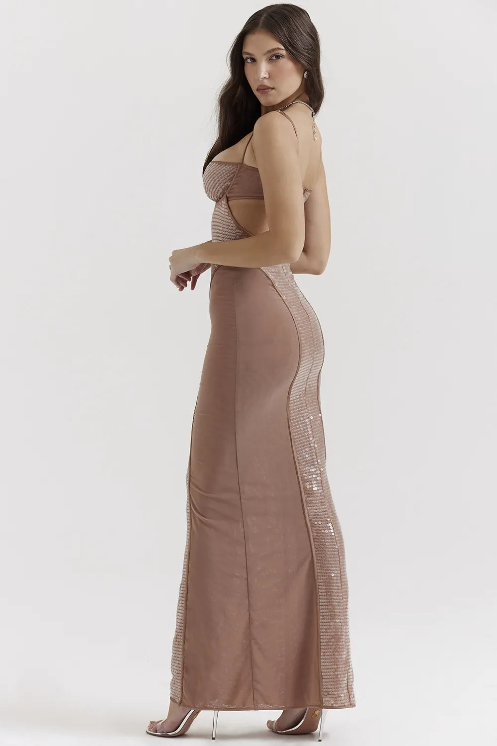 Bonita Cafe Au Lait Sequin Maxi Dress