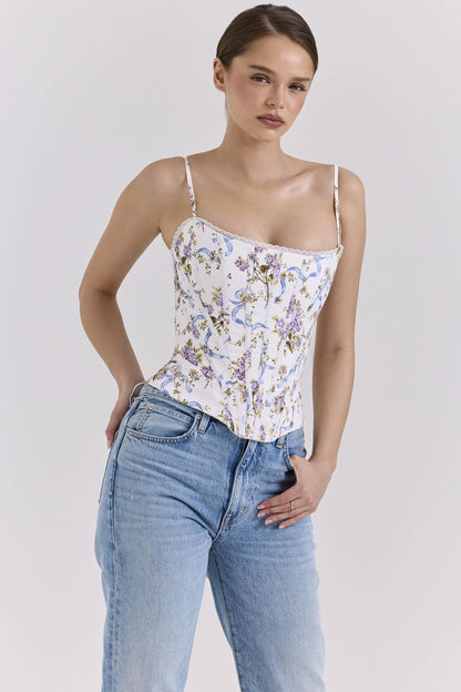 Cadie White Floral Ribbon Print Cotton Corset Top