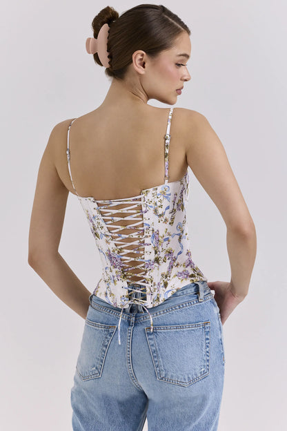 Cadie White Floral Ribbon Print Cotton Corset Top