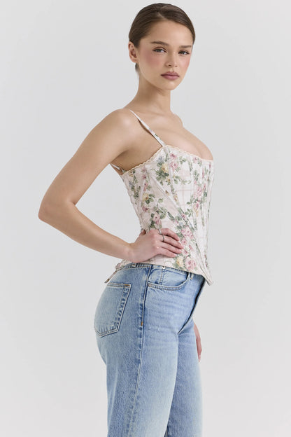 Cadie Cream Floral Cotton Corset Top