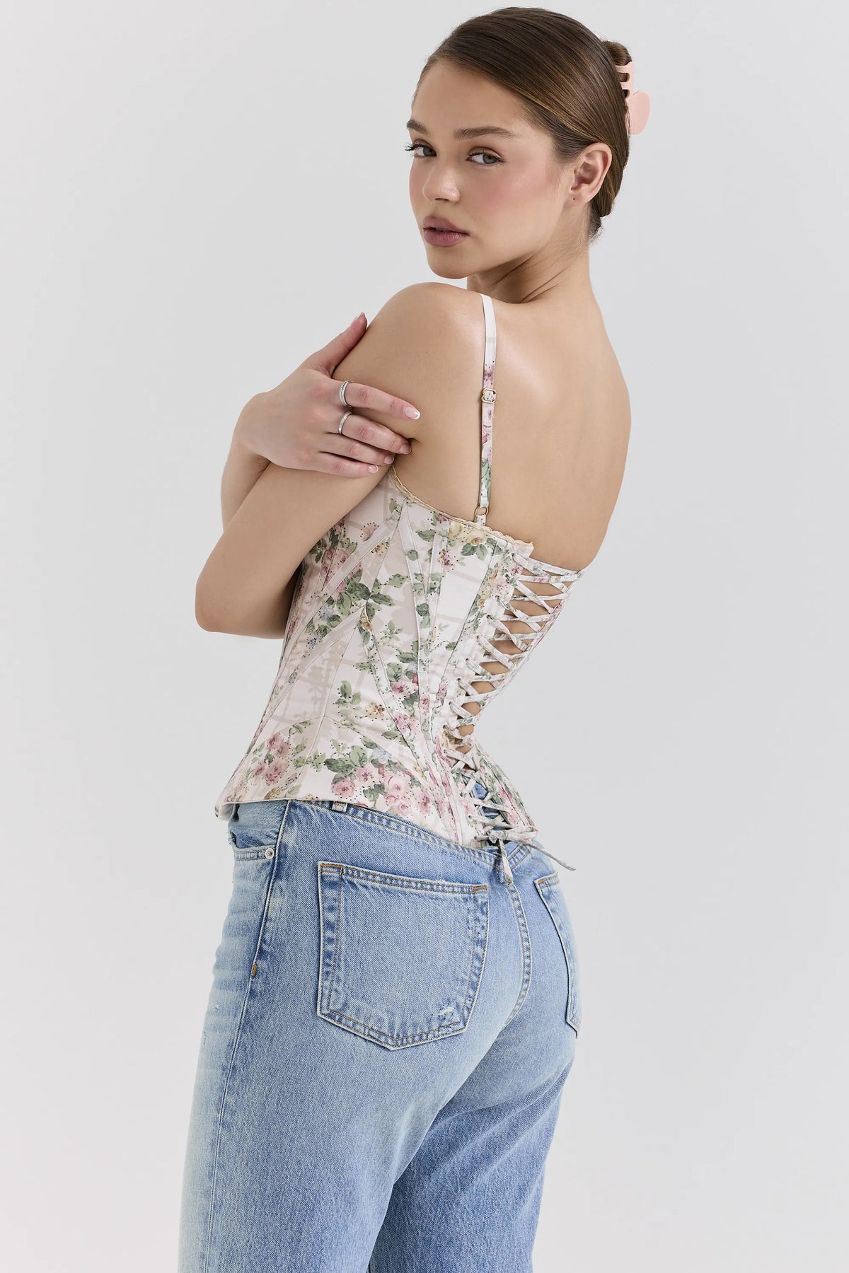 Cadie Cream Floral Cotton Corset Top