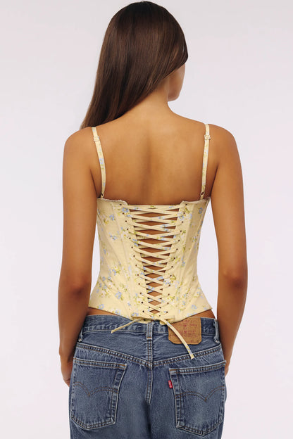 Cadie Lemon Floral Print Cotton Waist Cinch Corset Top