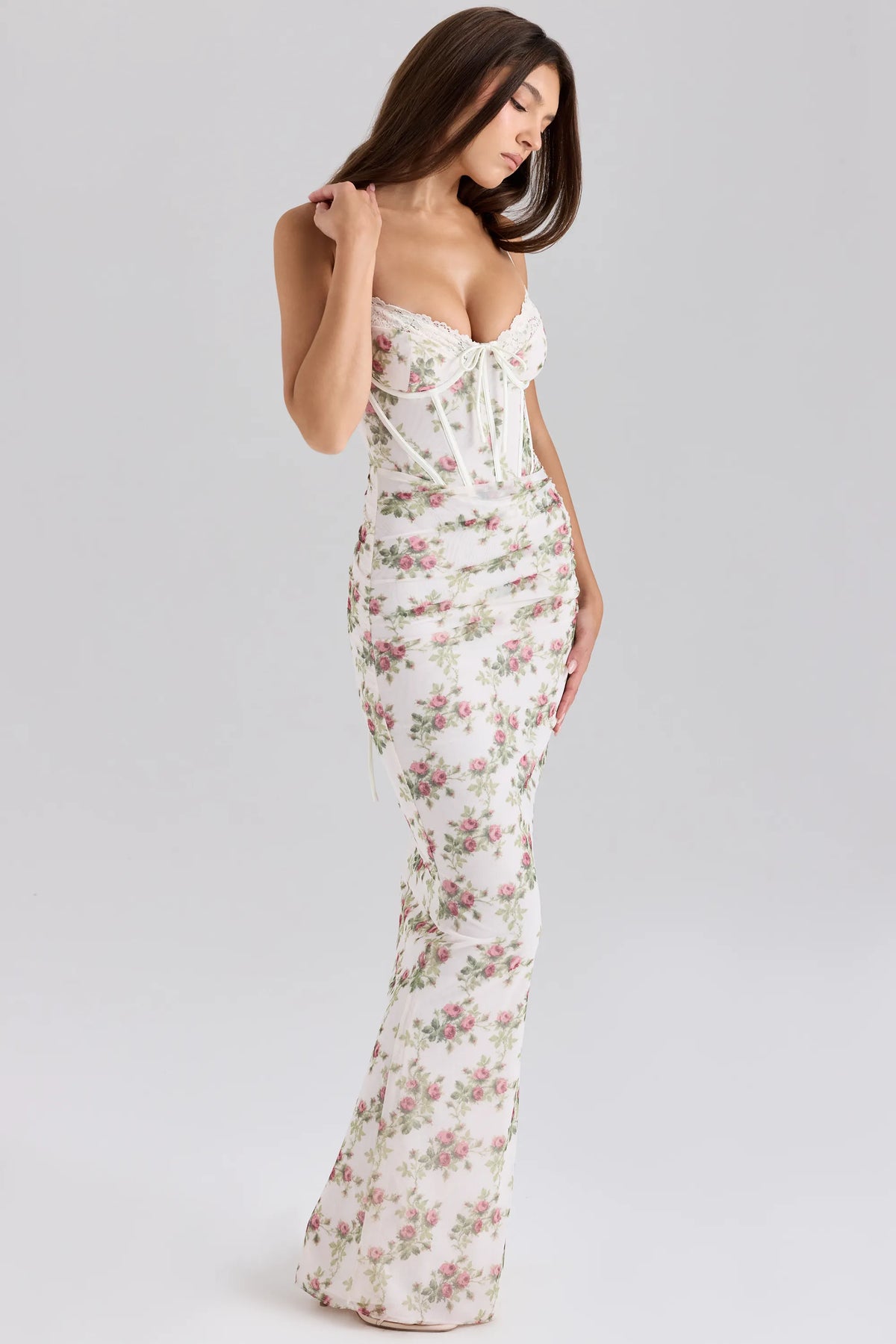 Calista Cream Rose Print Mesh Maxi Dress
