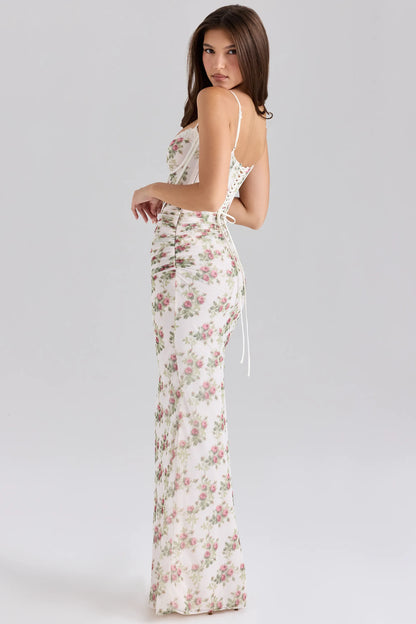 Calista Cream Rose Print Mesh Maxi Dress
