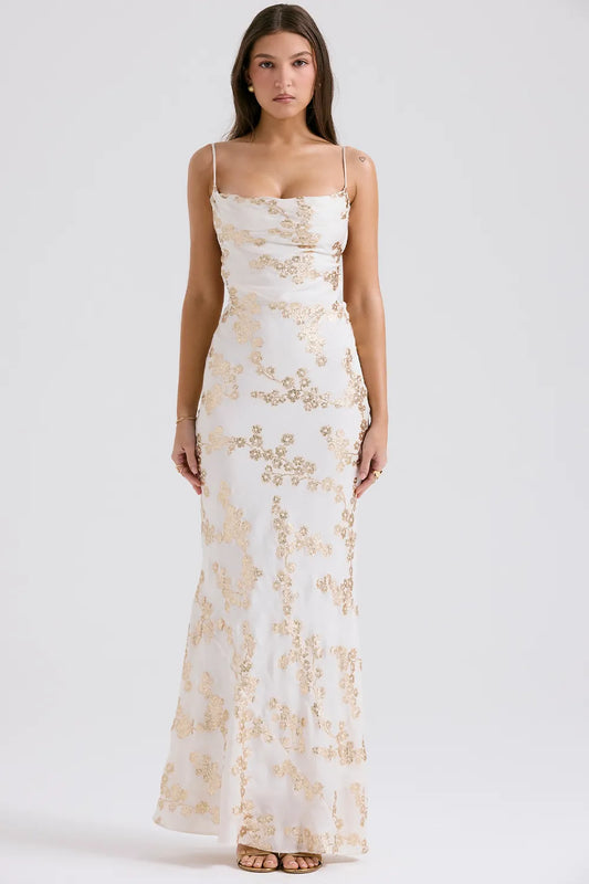 Capriana White & Gold Jacquard Satin Gown