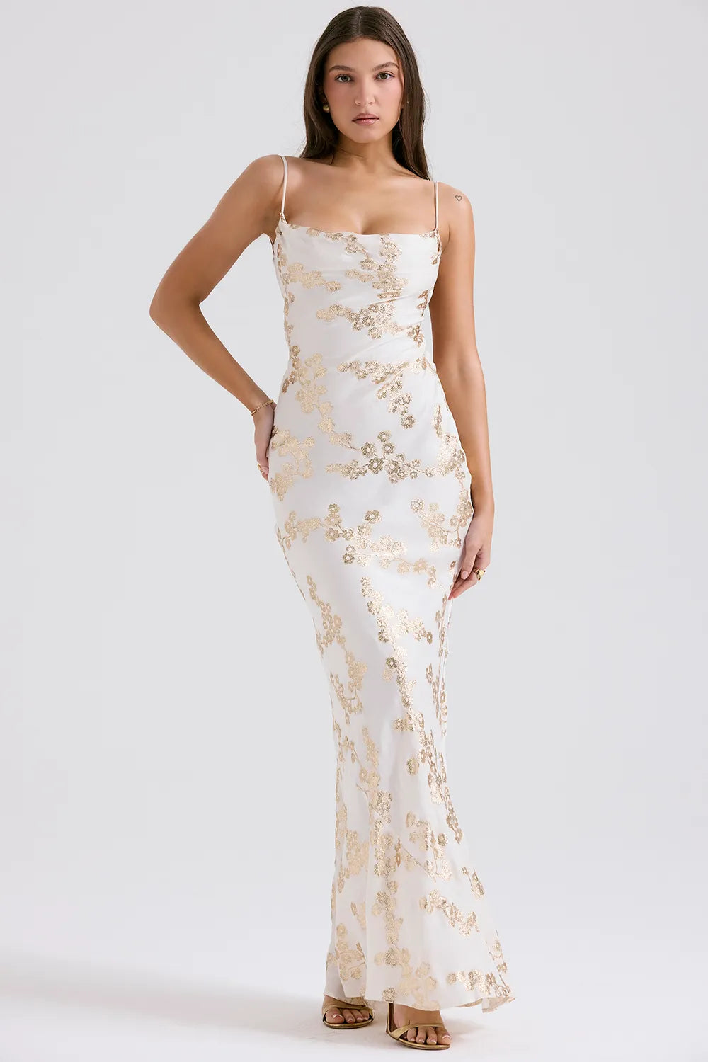 Capriana White & Gold Jacquard Satin Gown