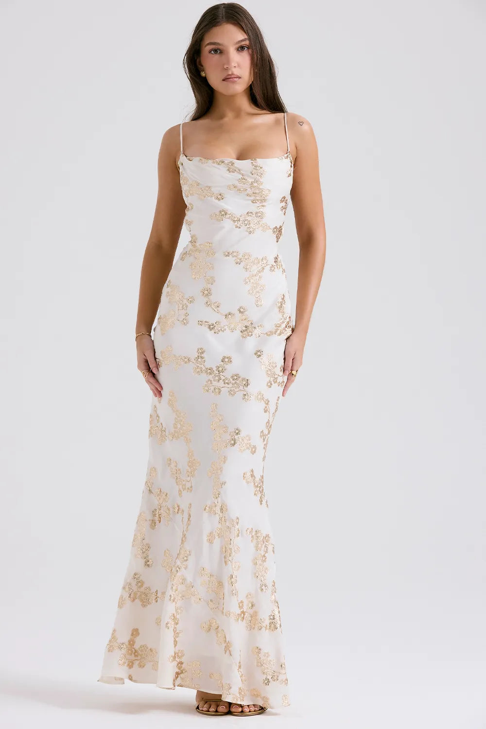 Capriana White & Gold Jacquard Satin Gown