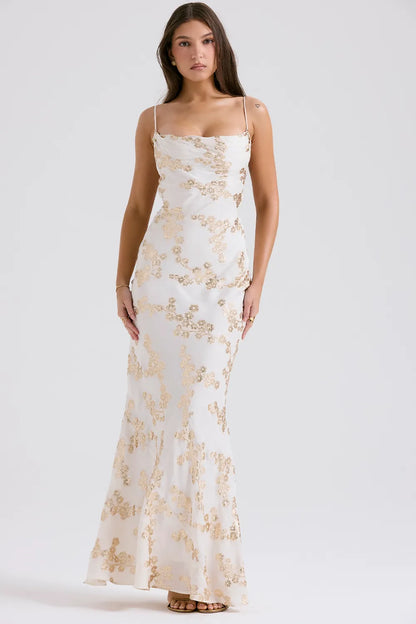 Capriana White & Gold Jacquard Satin Gown