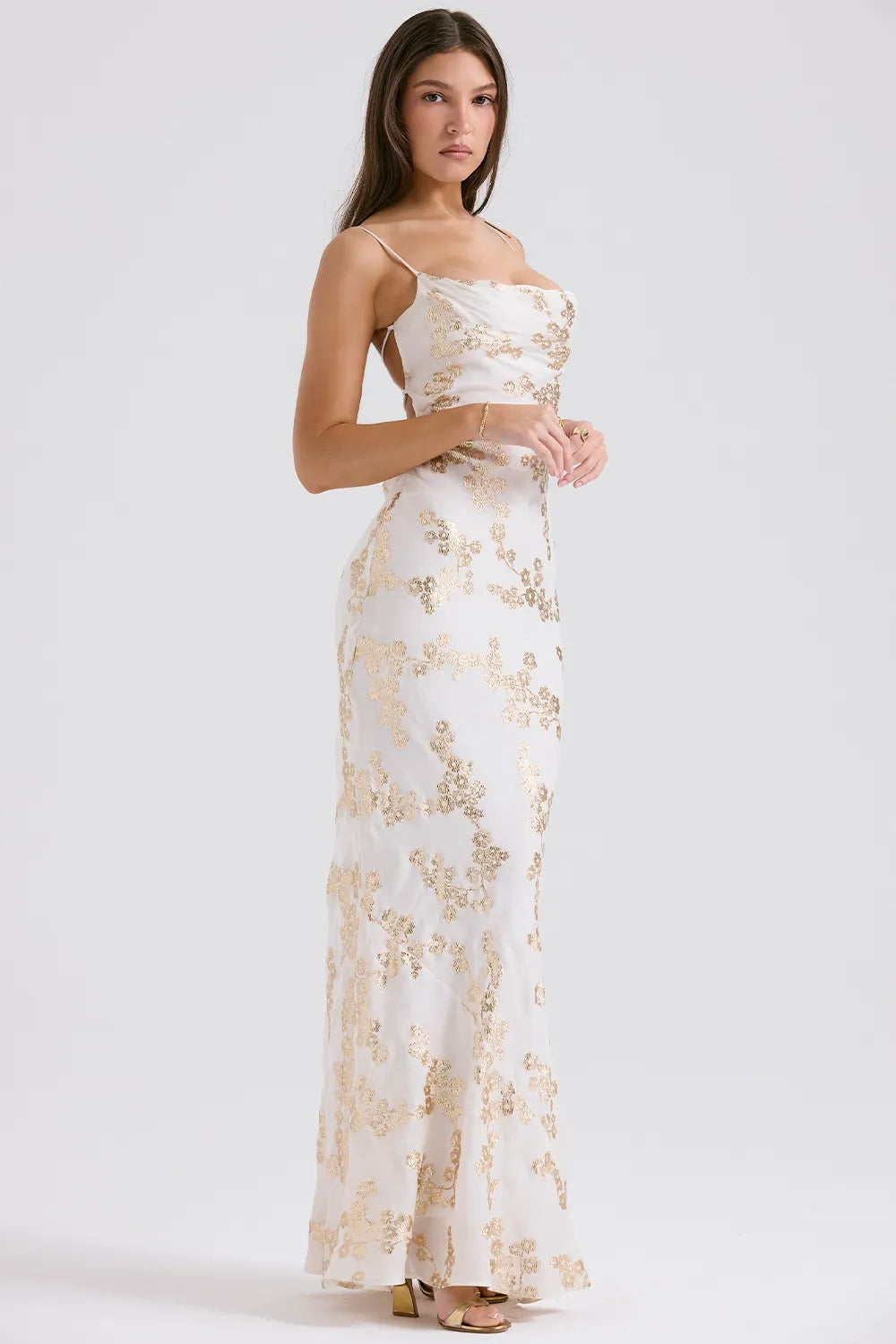 Capriana White & Gold Jacquard Satin Gown