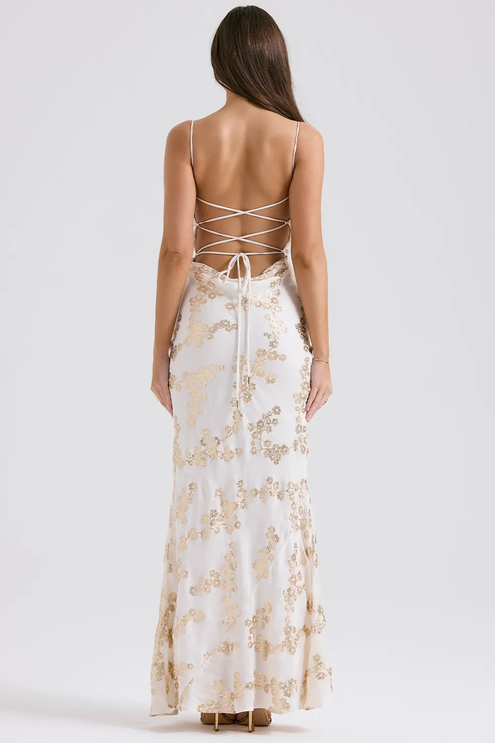 Capriana White & Gold Jacquard Satin Gown