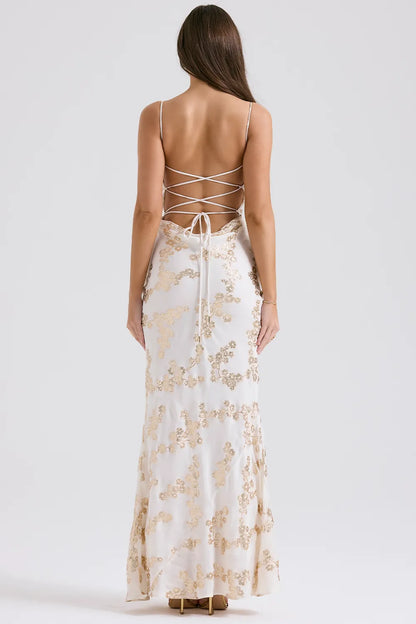 Capriana White & Gold Jacquard Satin Gown
