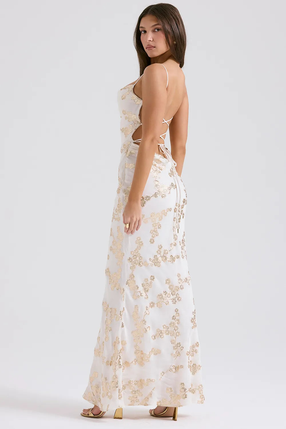 Capriana White & Gold Jacquard Satin Gown
