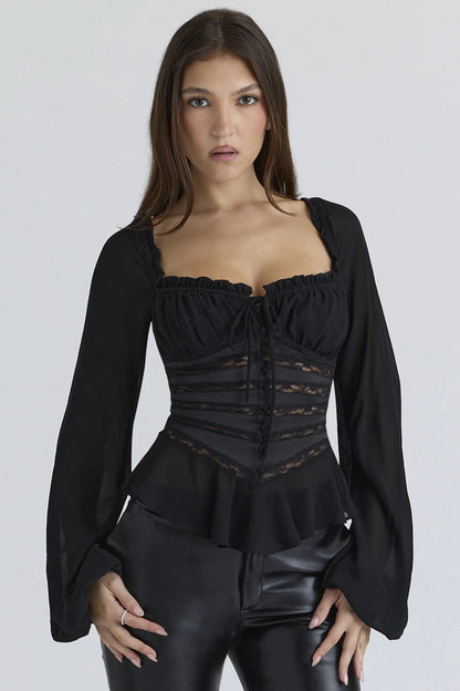 Cara Black Long Sleeve Georgette Peplum Top