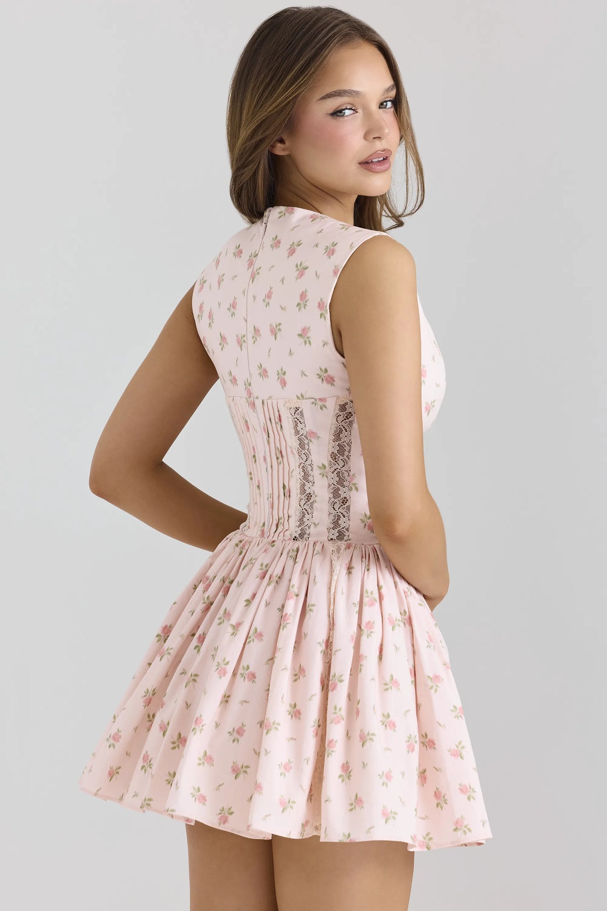 Carmel Pink Stretch Cotton Floral Print Mini Dress