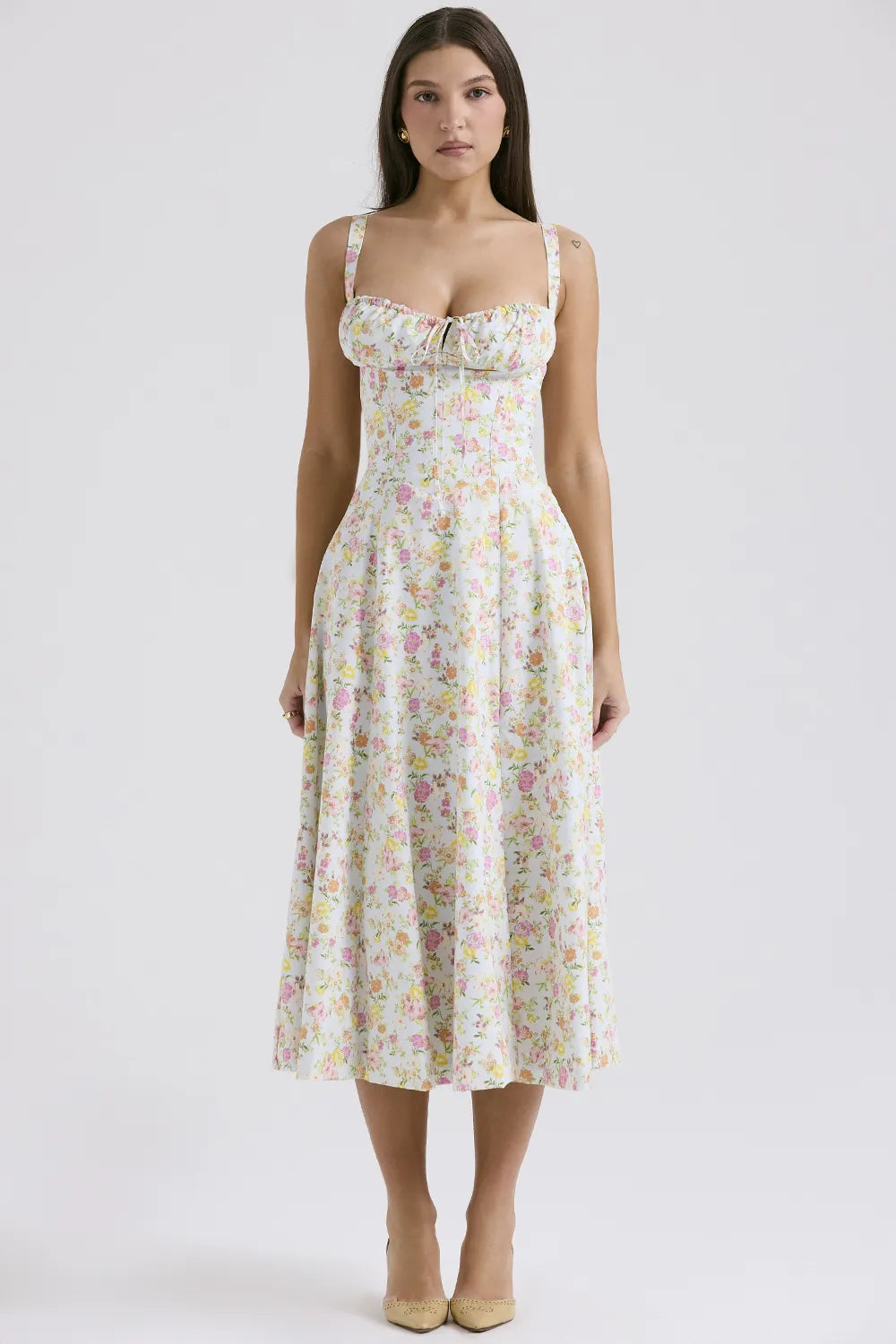Carmen Pale Blue Meadow Print Cotton Bustier Sundress