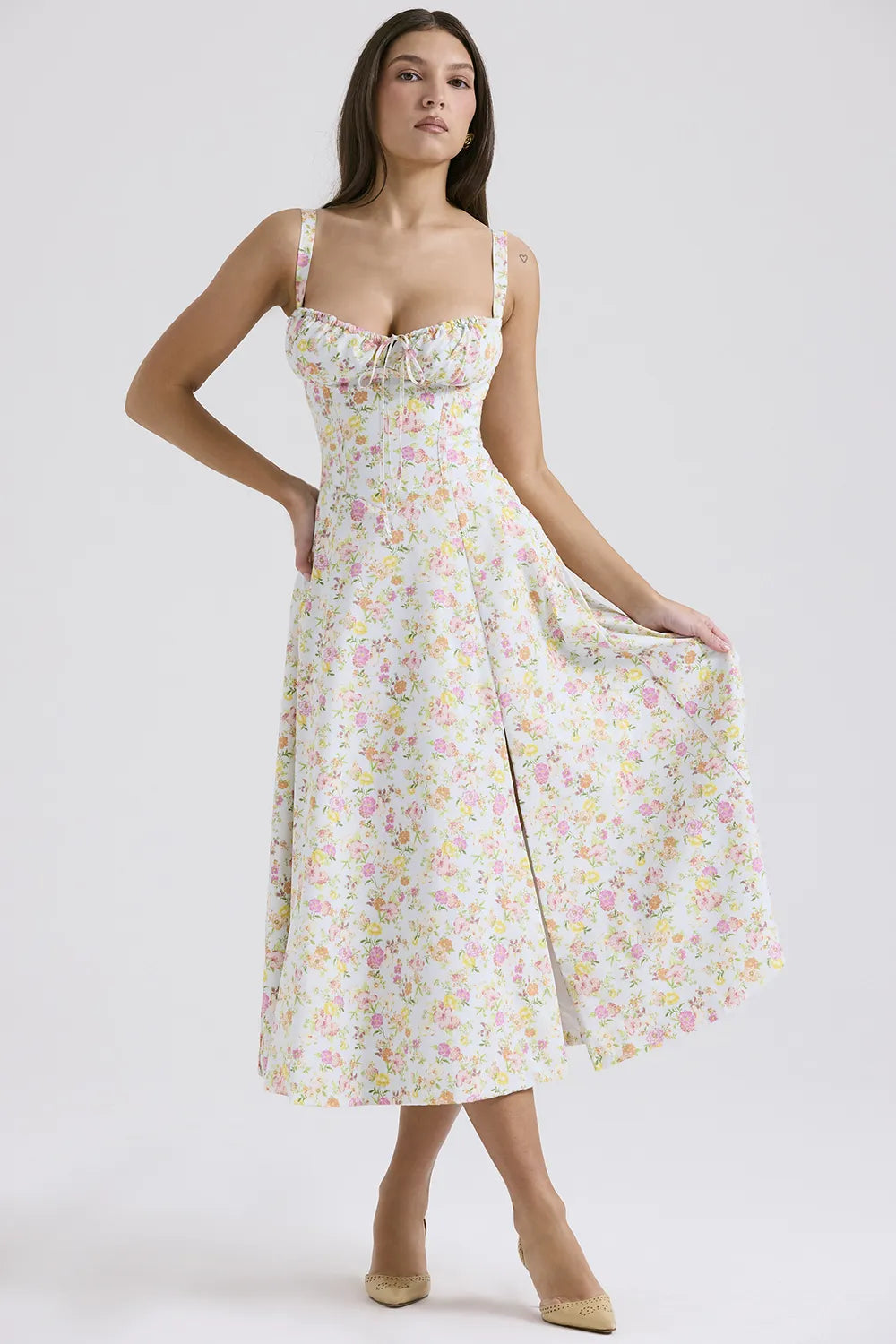 Carmen Pale Blue Meadow Print Cotton Bustier Sundress