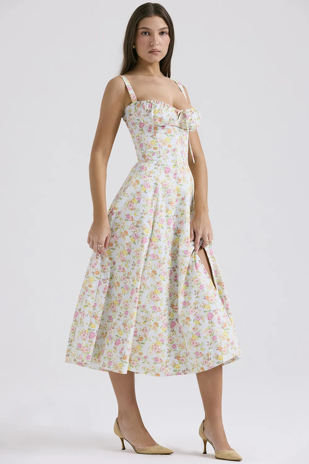 Carmen Pale Blue Meadow Print Cotton Bustier Sundress