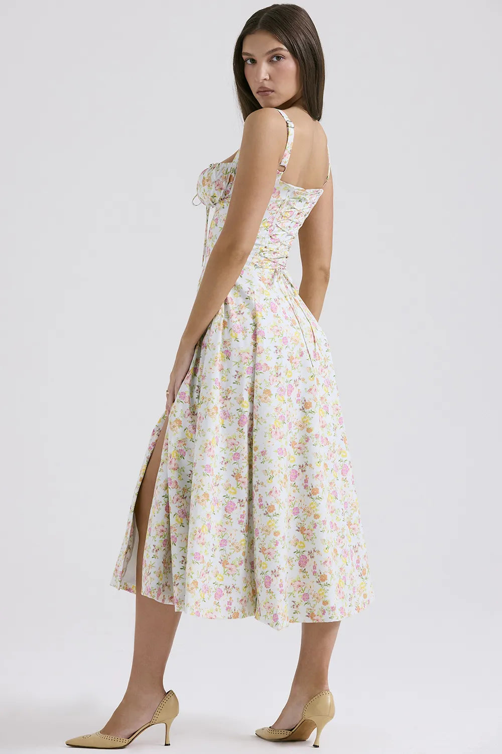 Carmen Pale Blue Meadow Print Cotton Bustier Sundress