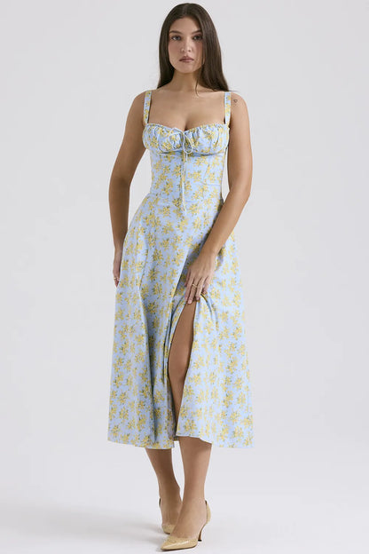 Carmen Soft Blue Vintage Floral Print Cotton Bustier Sundress