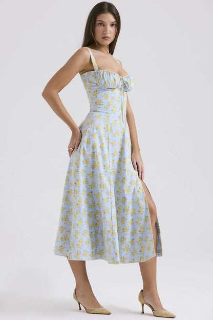 Carmen Soft Blue Vintage Floral Print Cotton Bustier Sundress