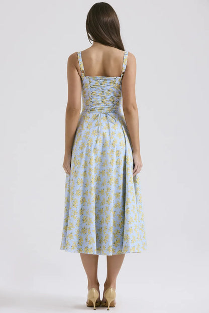 Carmen Soft Blue Vintage Floral Print Cotton Bustier Sundress