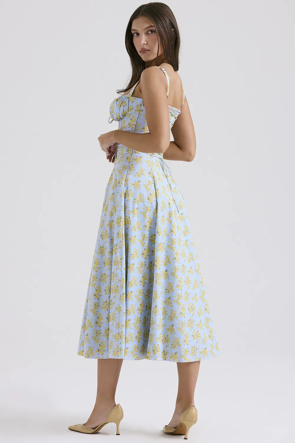 Carmen Soft Blue Vintage Floral Print Cotton Bustier Sundress