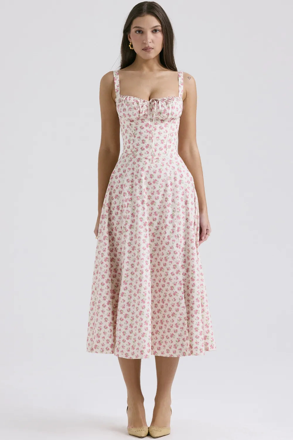 Carmen White Rosebud Print Cotton Bustier Sundress