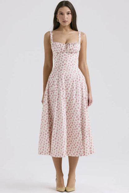 Carmen White Rosebud Print Cotton Bustier Sundress