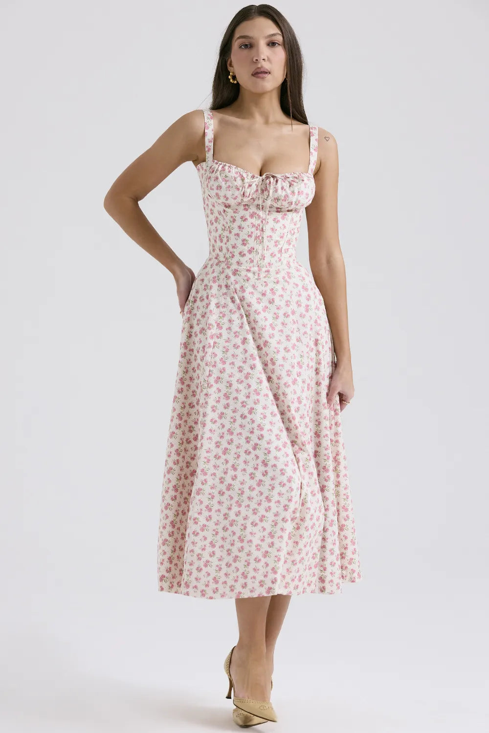 Carmen White Rosebud Print Cotton Bustier Sundress