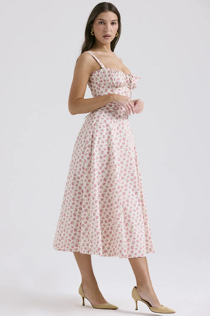 Carmen White Rosebud Print Cotton Bustier Sundress