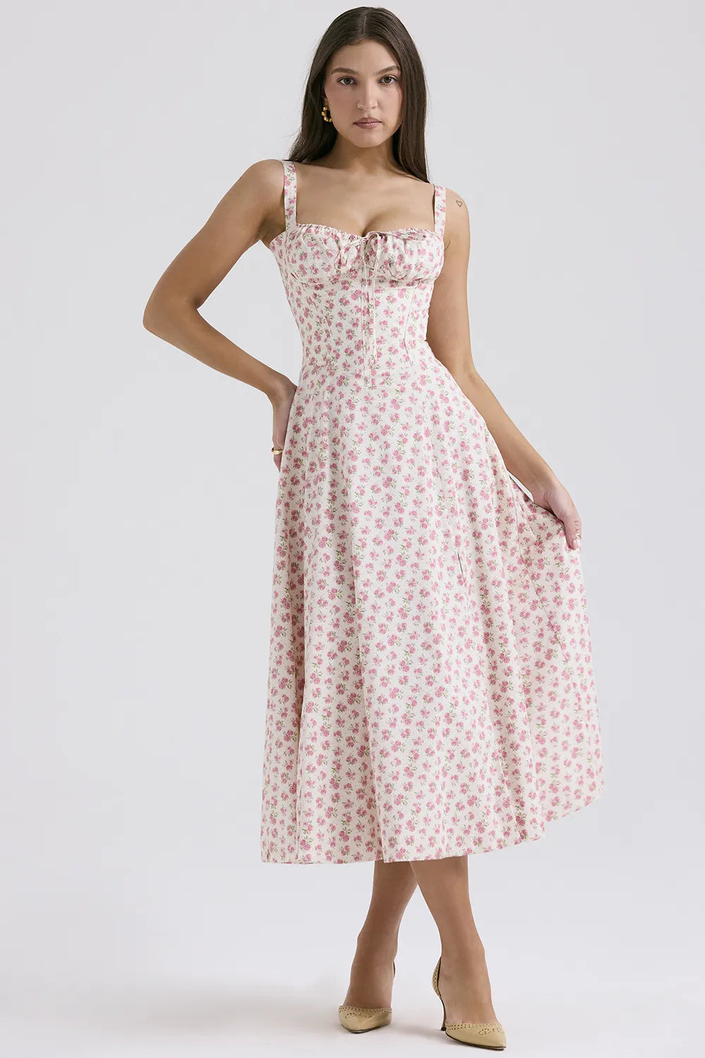 Carmen White Rosebud Print Cotton Bustier Sundress