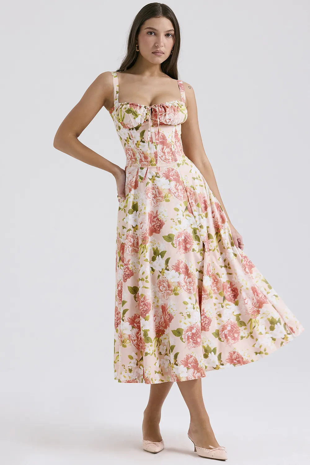 Carmen Pink Peony Print Cotton Bustier Sundress
