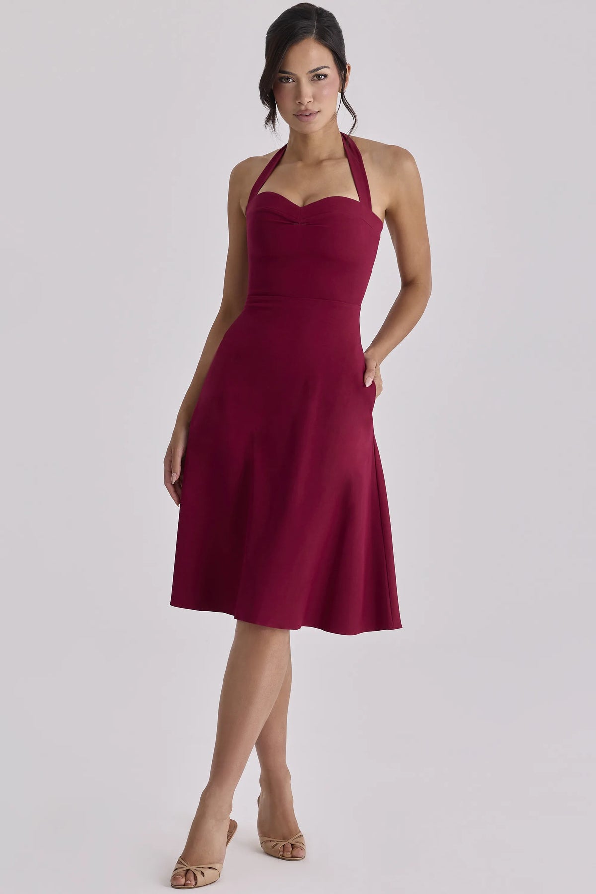 Carolla Wine Soft Twill Halter Neck Midi Dress