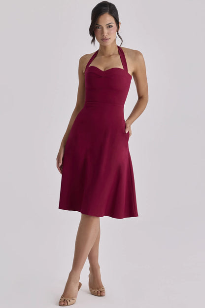 Carolla Wine Soft Twill Halter Neck Midi Dress
