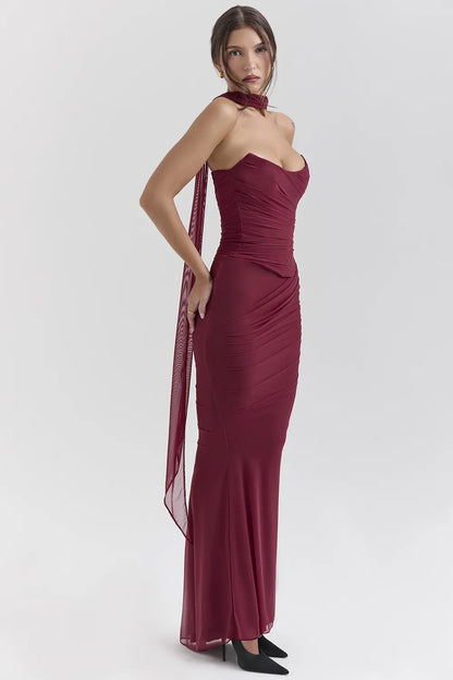 Hallie Cabernet Strapless Corset with Neck Scarf